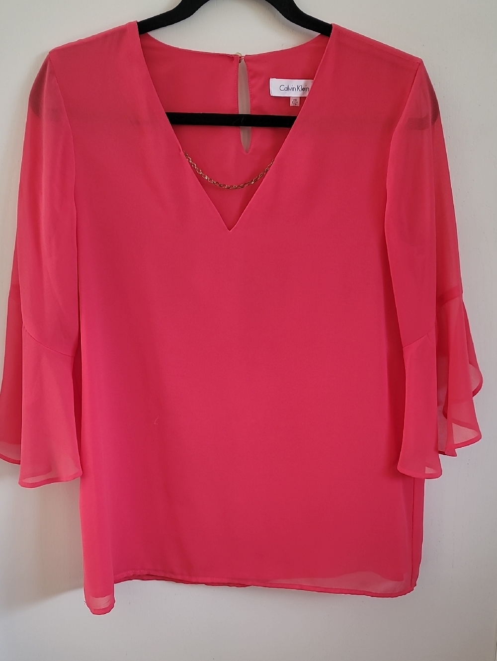 Calvin Klein Coral-Pink V-Neck Chiffon Blouse with Chain Detail